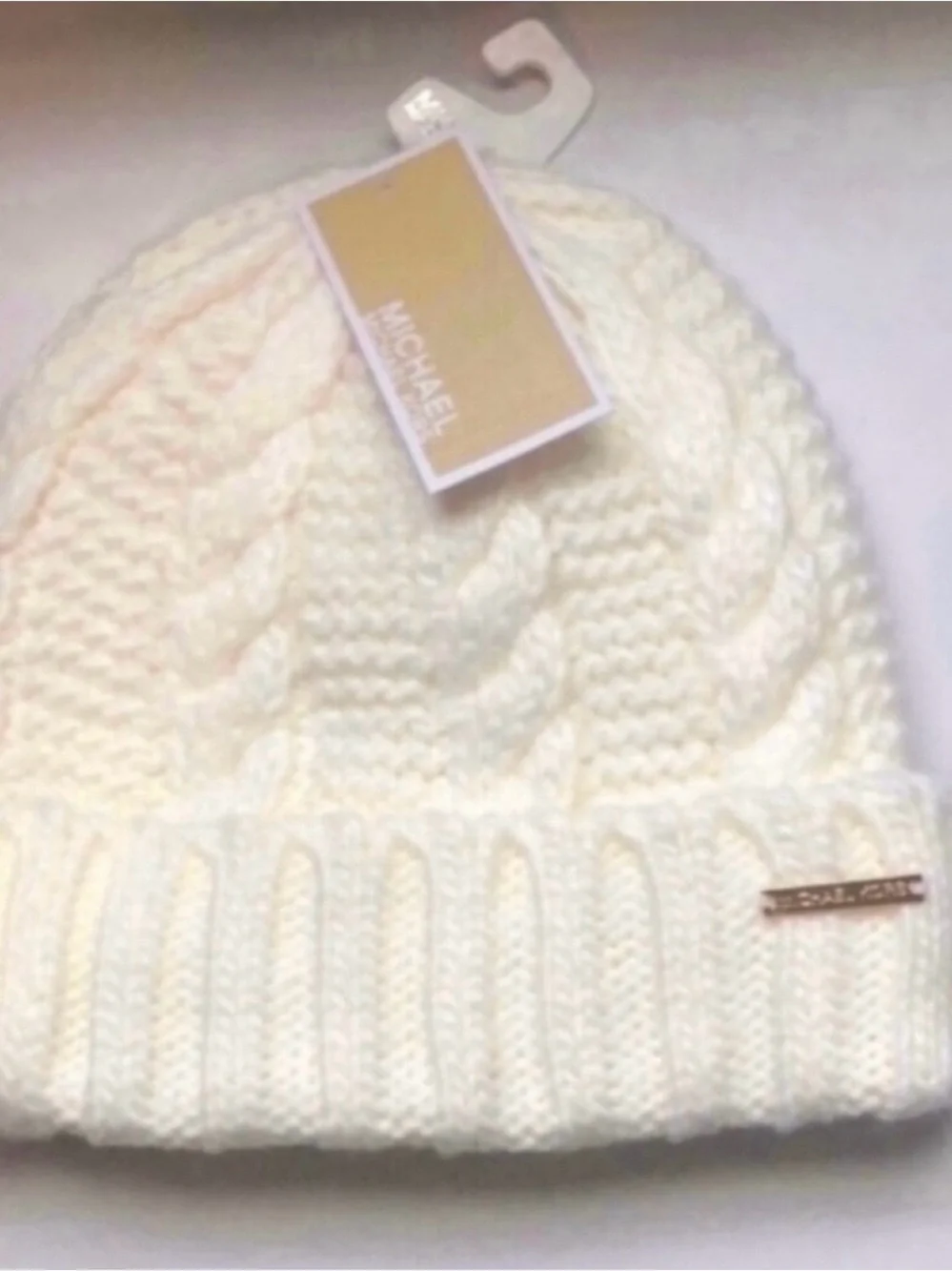 New Michael Kors Hat Women’s Ivory Winter Lined Cable Knit Cuffed Beanie Hat